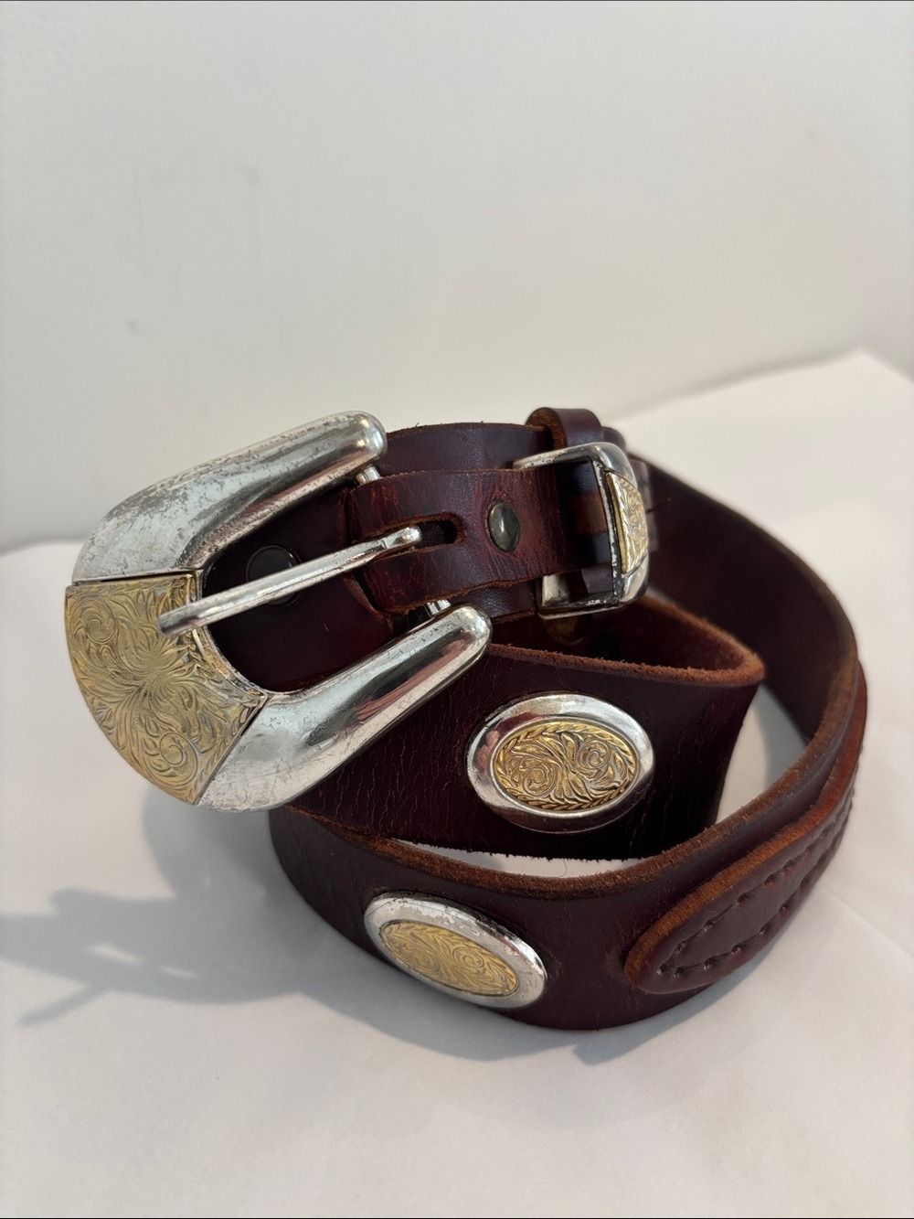 Vintage Concho Brown Leather Western Belt Decorative Silver-Gold Buckle 35”-38”